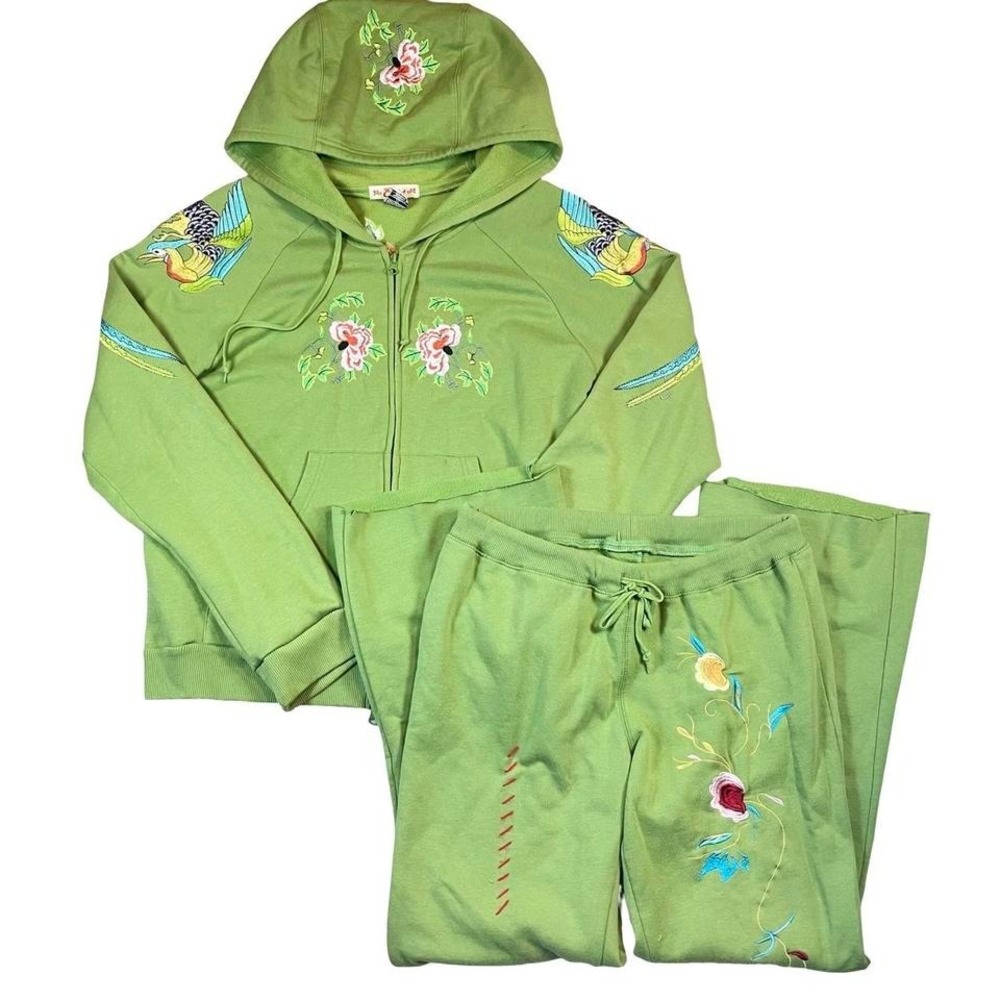 Y2k Green Embroidered Track Suit Jacket Pants Set